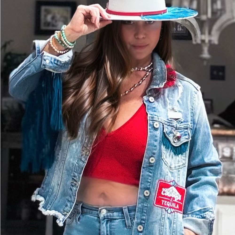 Recycled KanCan Denim Jacket Large with Red and Blue Accents - one-of-a-kind!
